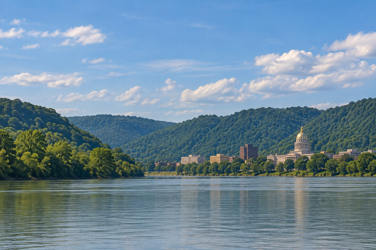 The Kanawha River beside downtown Charleston, the gold dome of the West Virginia State Capitol and wooded hills in the distance