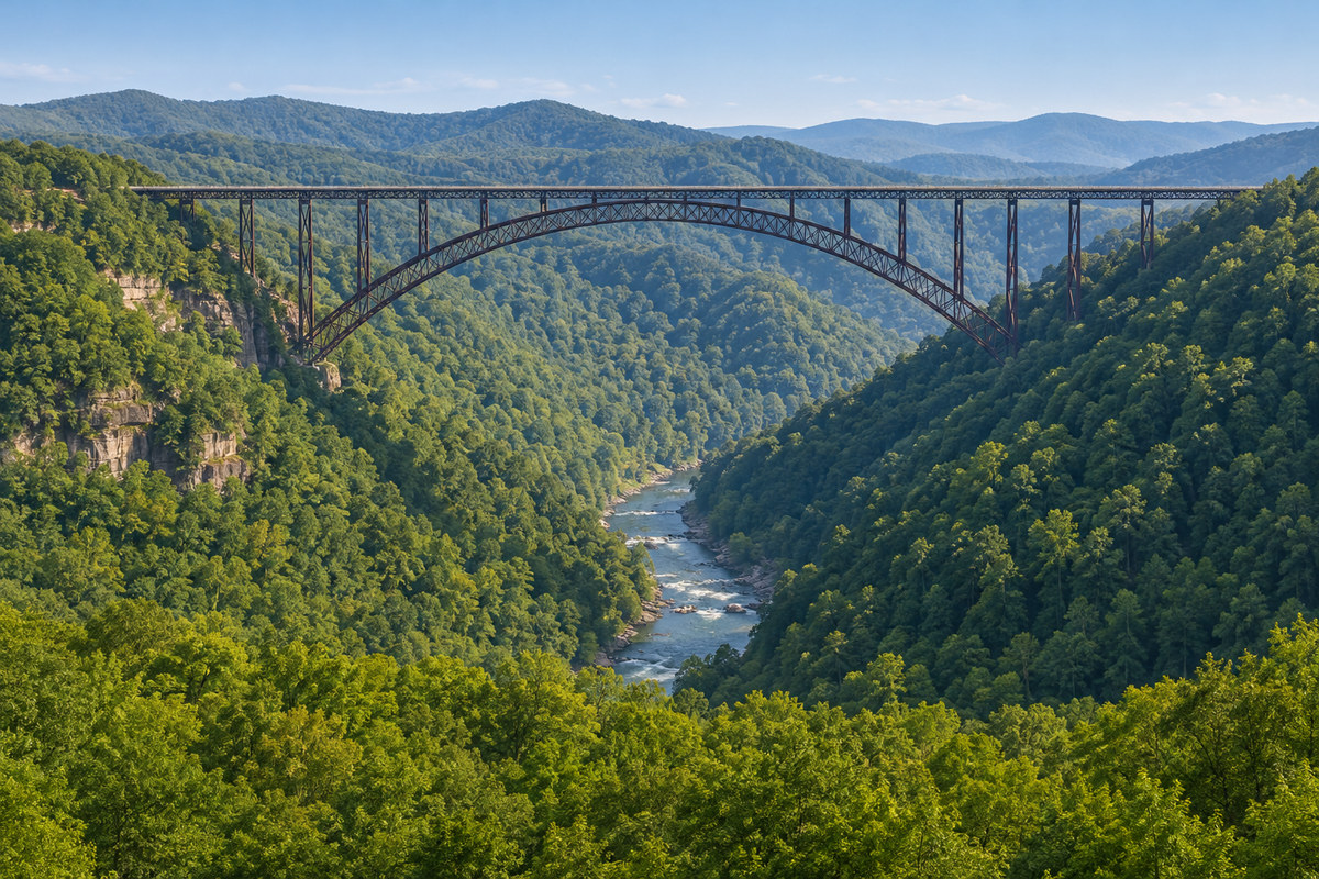 The New River Gorge and its high bridge, forested ridges and southern West Virginia river valleys